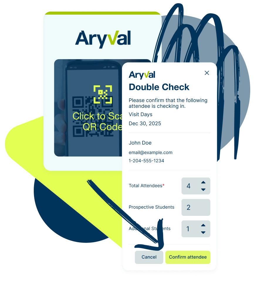 Collage showcasing a QR code check-in process and the Aryval Double check to confirm attendance numbers